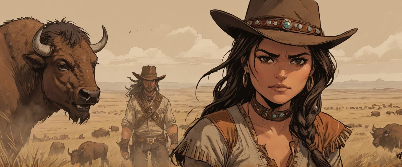 36994-2839029535-a page from comics, strong and beautiful cheyenne woman facing to buffalo on the plain with arm,  face detail, close view, cinem.jpg